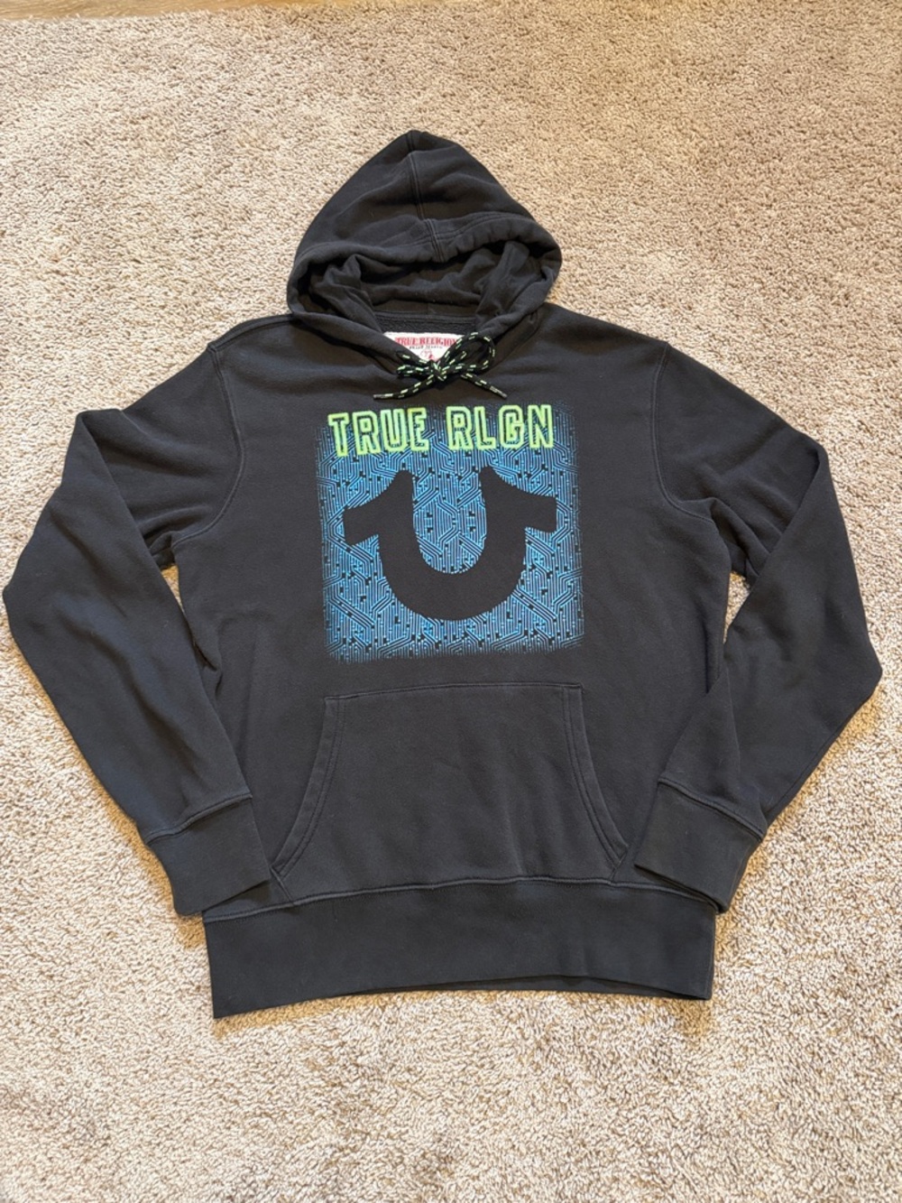 True Religion Black Hoodie with Blue and Neon Green Graphic